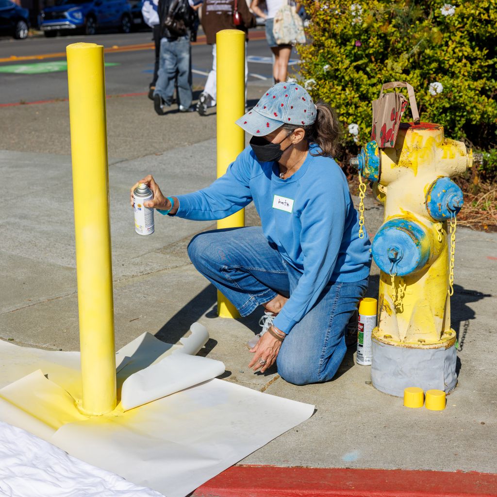 A volunteer painting bollards and a fire hydrant